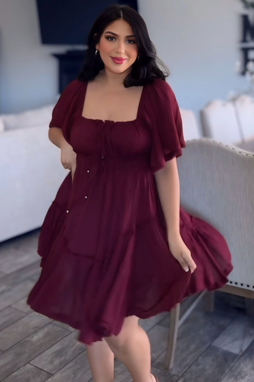 Burgundy Ruffle HemRuched Mini Dress