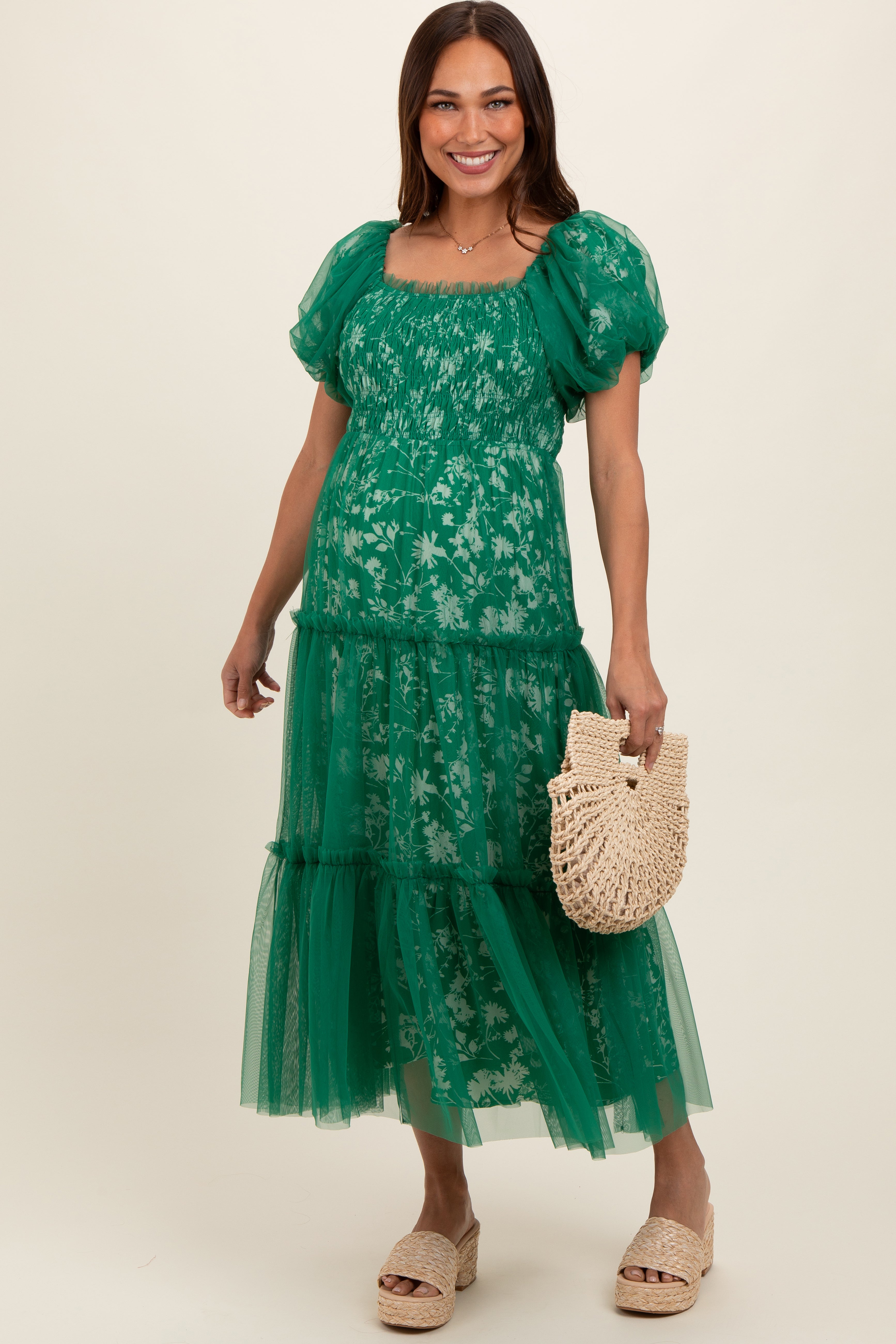 Forest Green Floral Lined Smocked Tulle Maternity Midi Dress – PinkBlush