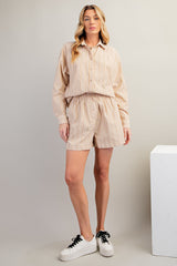 Beige Striped Button Accent Maternity Shorts