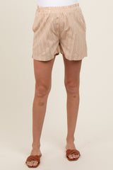 Beige Striped Button Accent Maternity Shorts