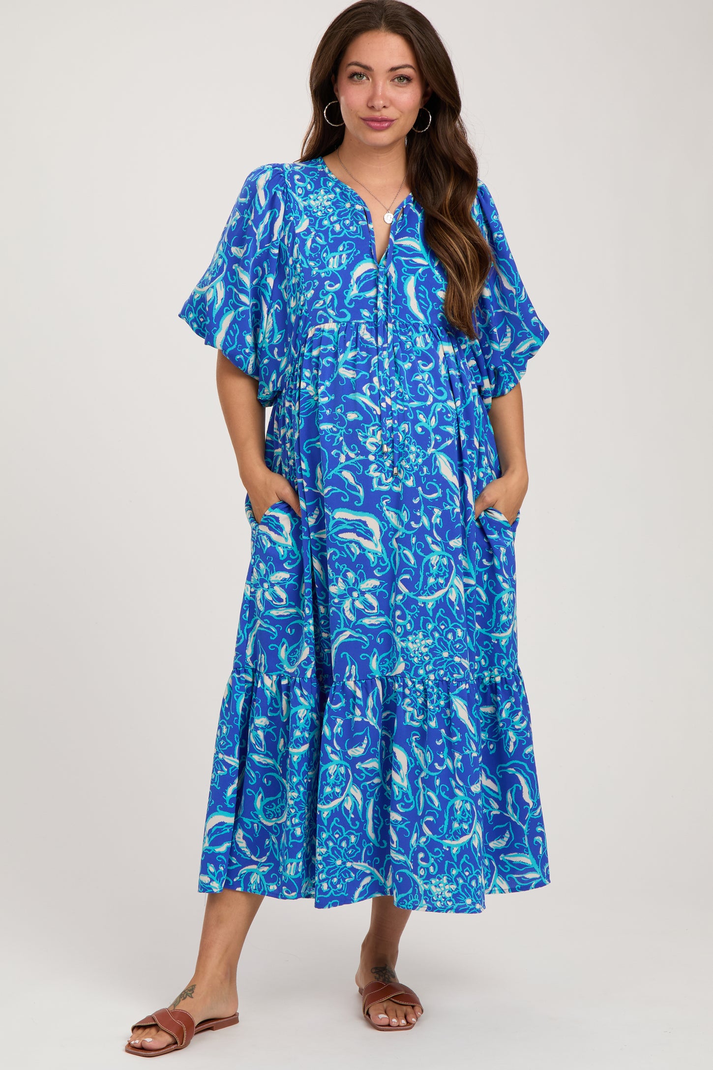 Blue Floral Tiered Maternity Midi Dress PinkBlush Blue Floral Tiered Maternity Midi Dress PinkBlush