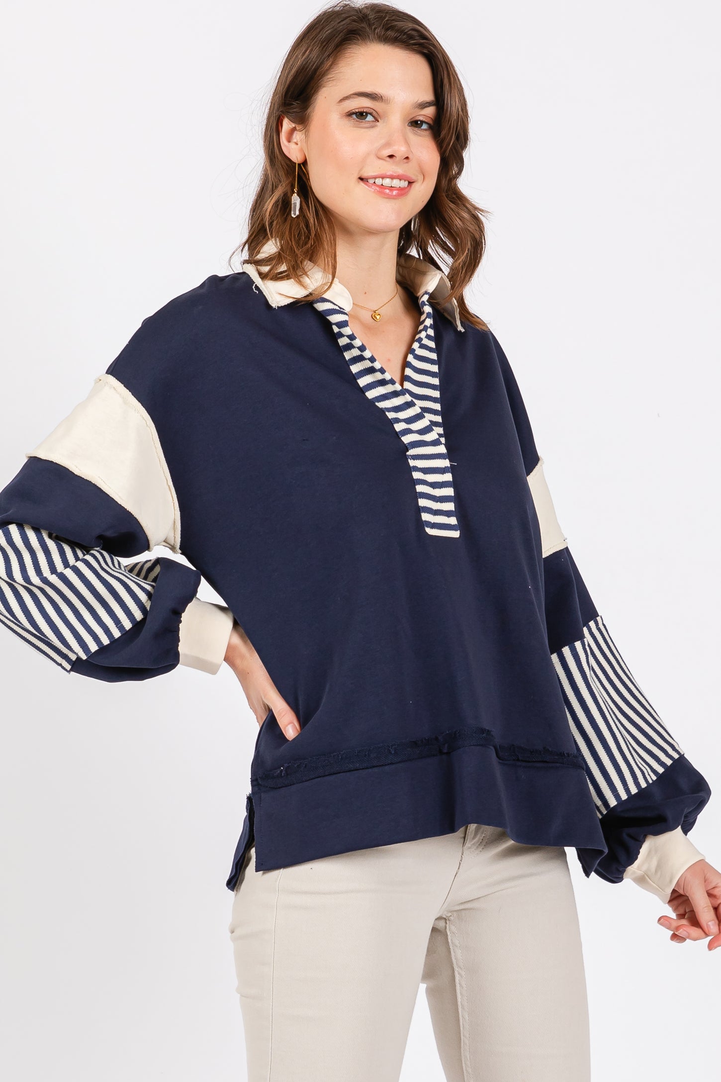 Navy Colorblock Striped Long Sleeve Top– PinkBlush