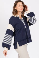 Navy Colorblock Striped Long Sleeve Top