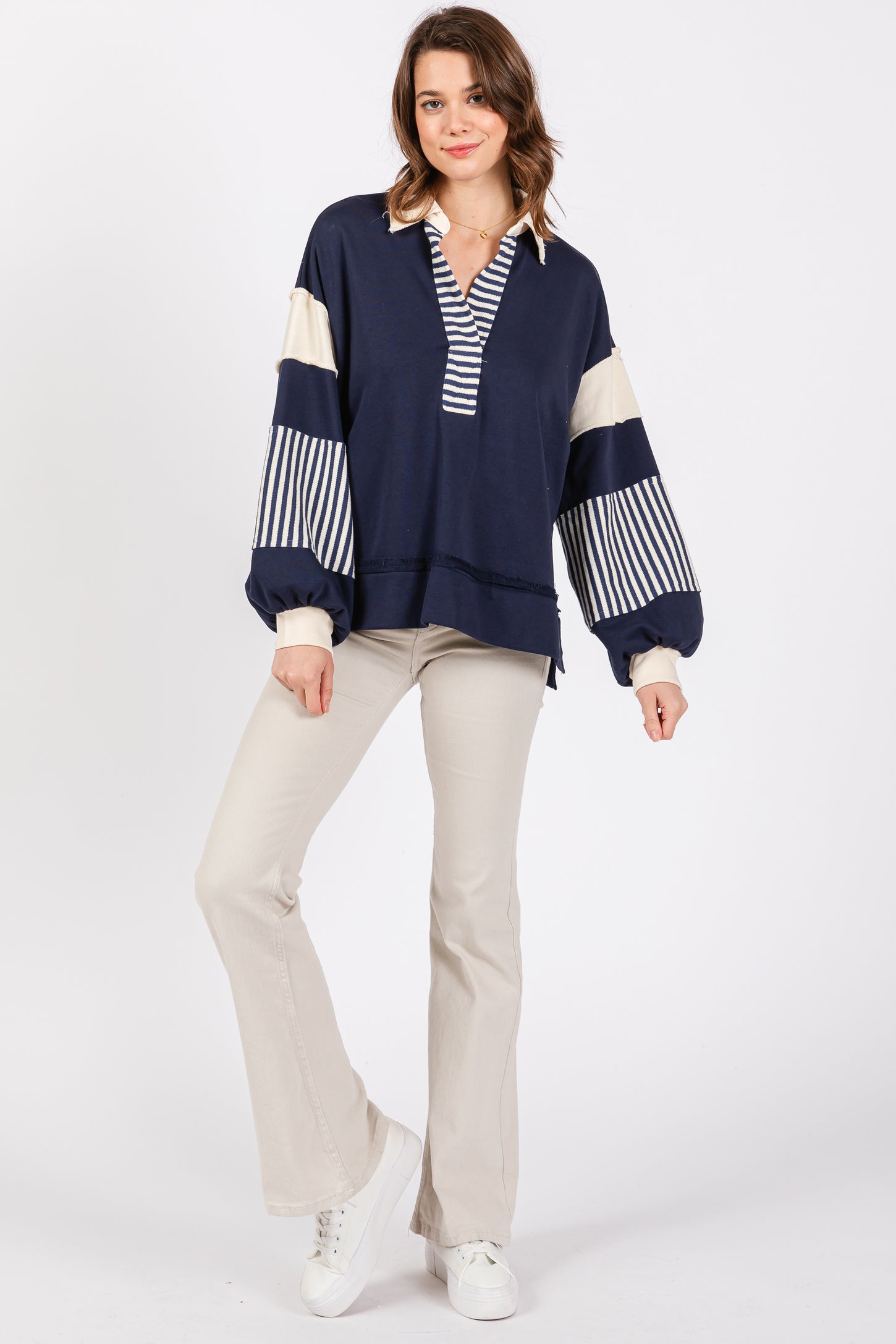Navy Colorblock Striped Long Sleeve Top – PinkBlush