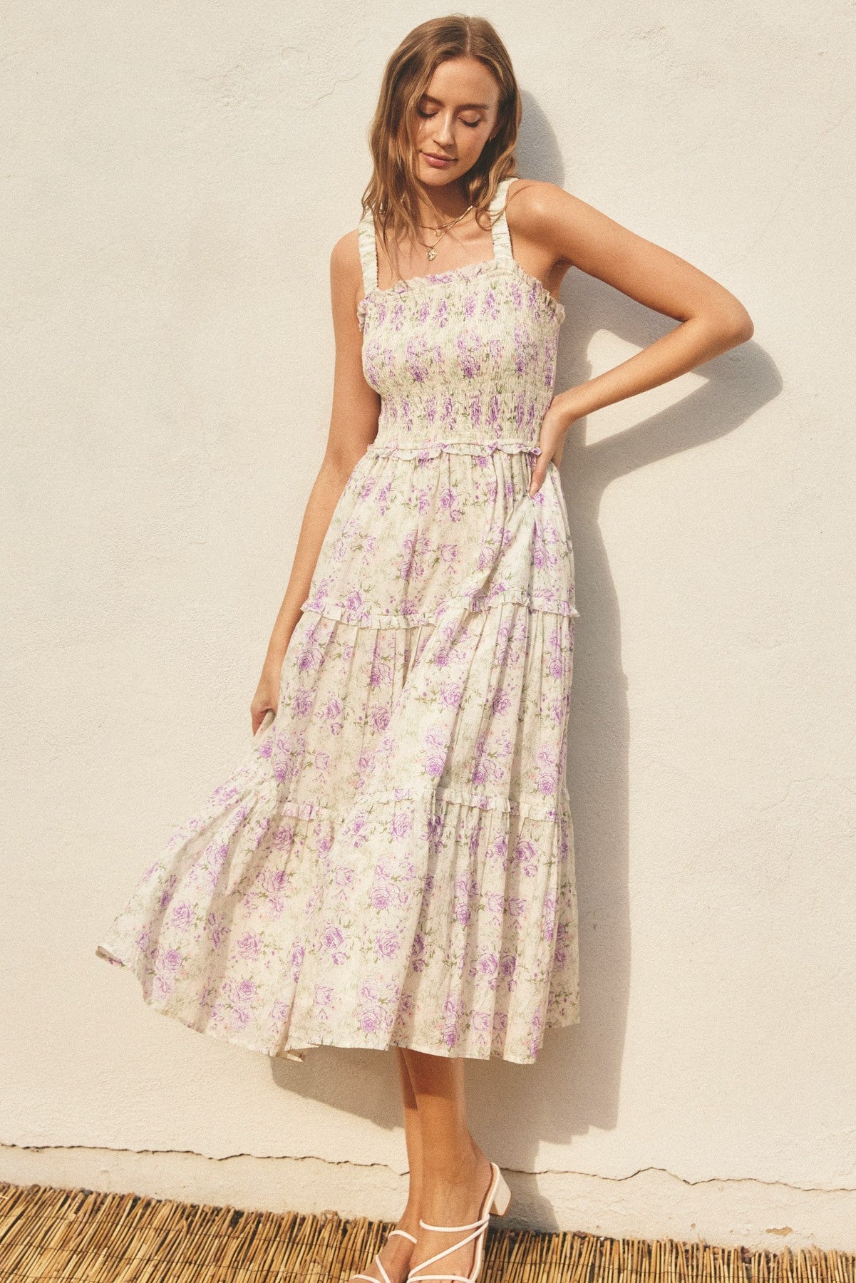 Lavender Floral Smocked Square Neck Ruffle Tiered Midi Dress