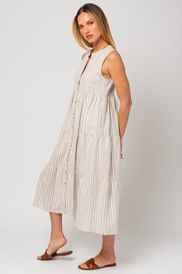 Taupe Striped Sleeveless Tiered Linen Midi Dress