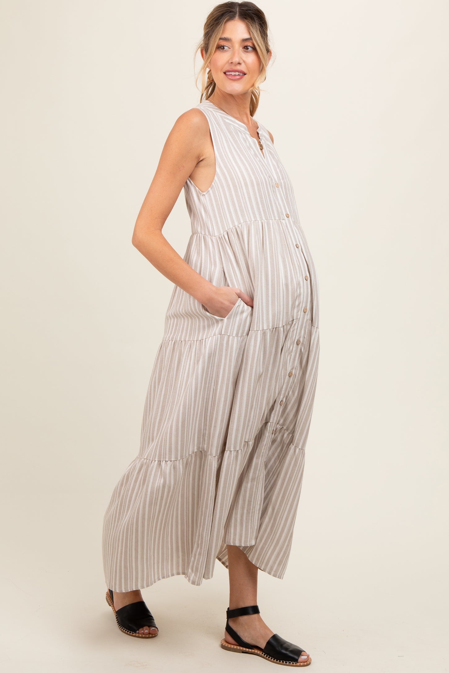 Taupe Striped Sleeveless Tiered Linen Maternity Midi Dress– PinkBlush