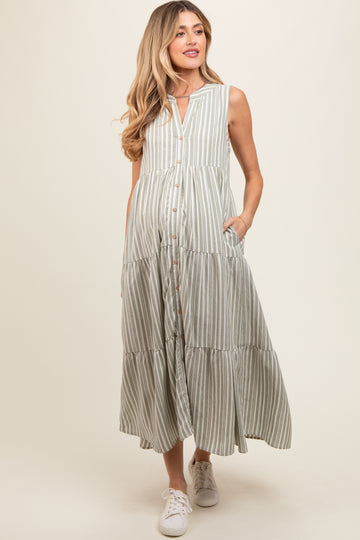 Sage Striped Sleeveless Tiered Linen Maternity Midi Dress