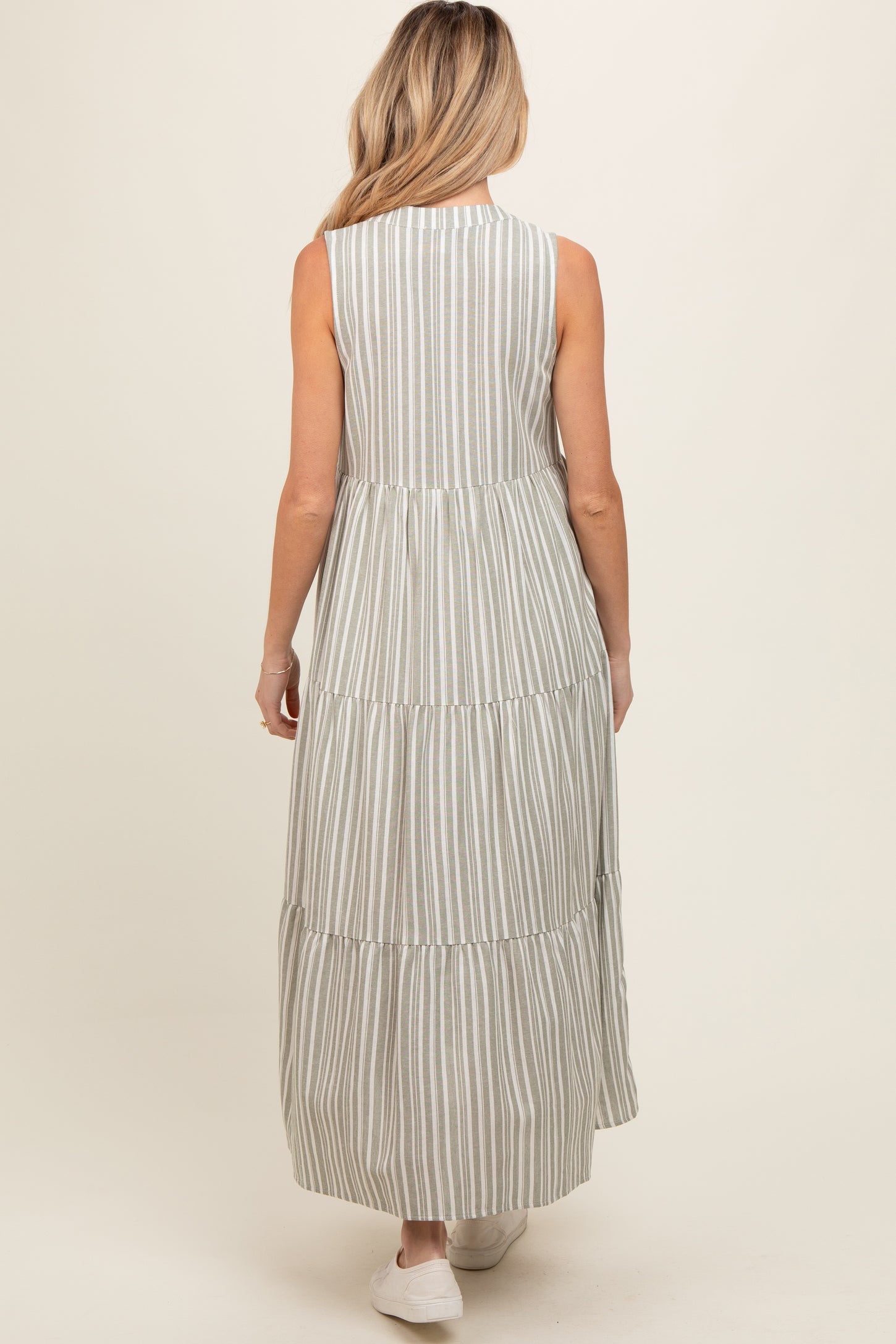 Sage Striped Sleeveless Tiered Linen Maternity Midi Dress