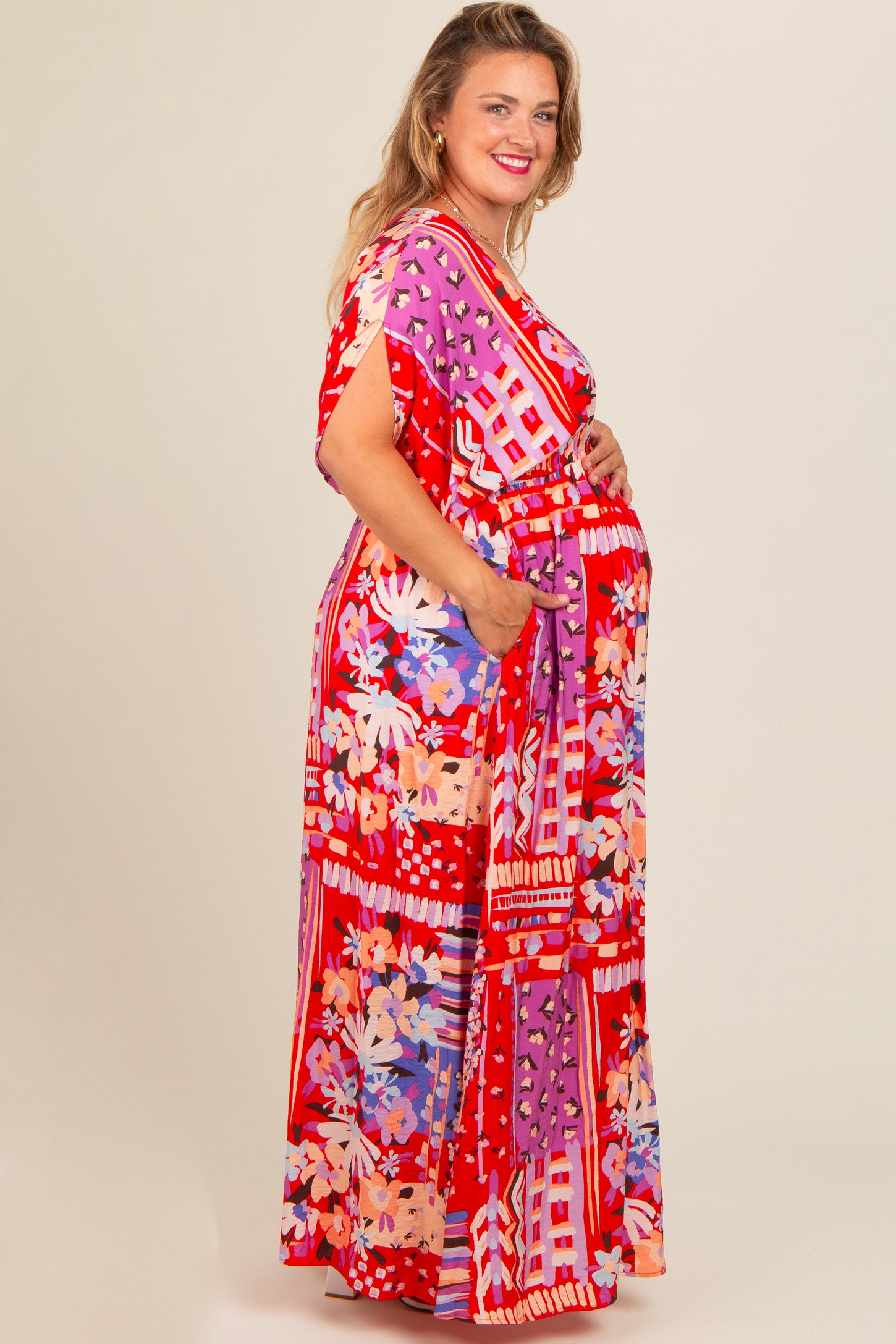 Red Mixed Print Bell Sleeve Plus Maternity Maxi Dress