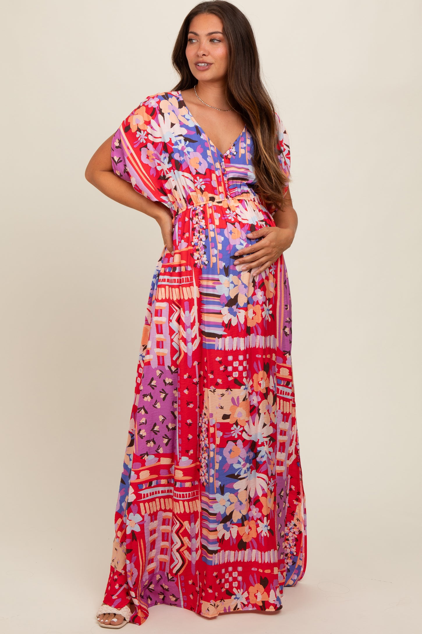 Red Mixed Print Bell Sleeve Maternity Maxi Dress PinkBlush Red Mixed Print Bell Sleeve Maternity Maxi Dress PinkBlush