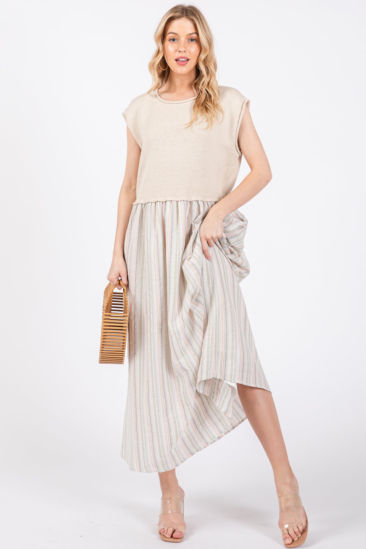 Sage Knit Striped Skirt Pocketed Sleeveless Maternity Midi Dress
