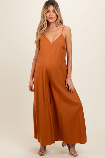 Rust V-Neck Sleeveless Wide Leg Maternity Jumpsuit