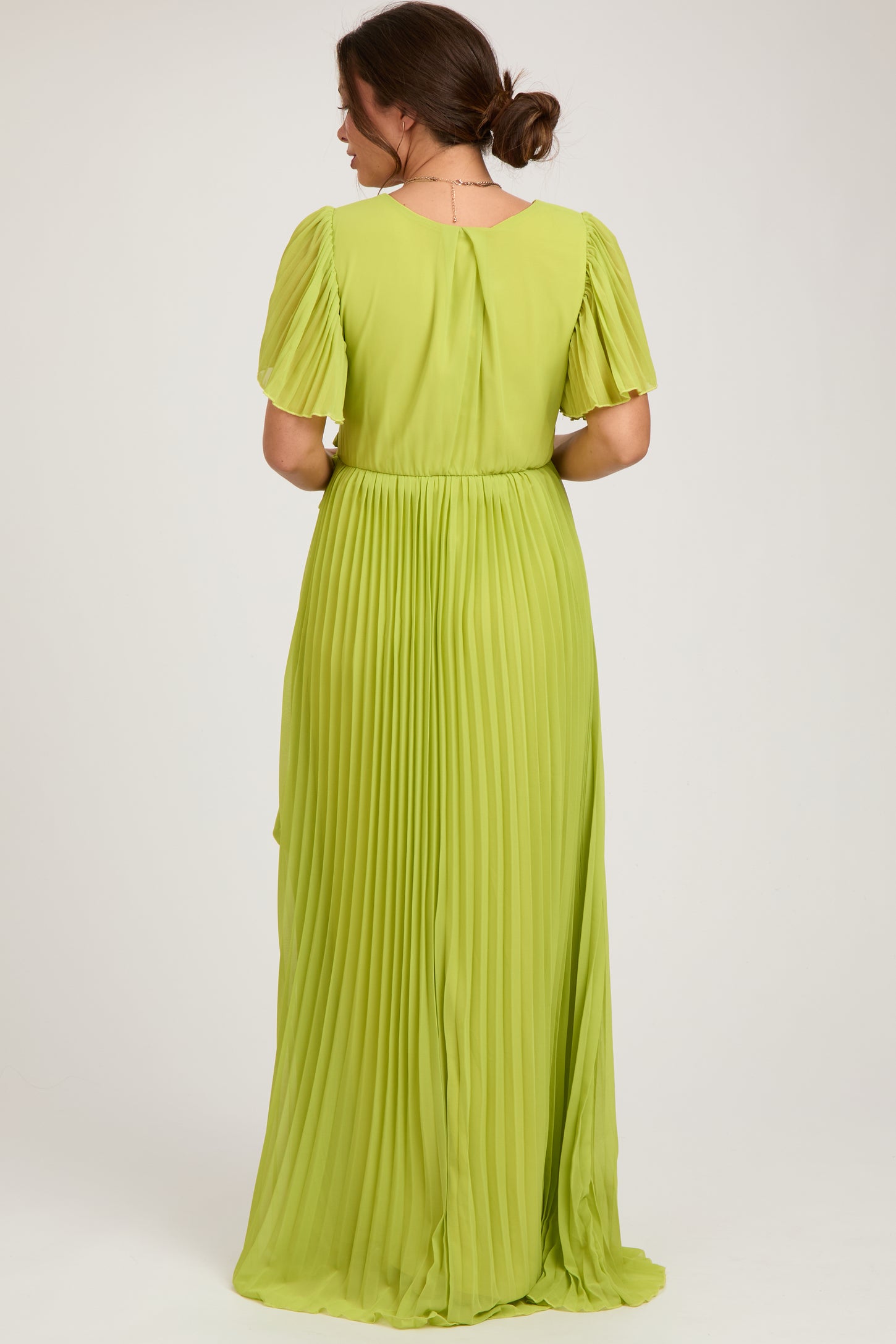 Lime Chiffon Wrap Front V-Neck Short Sleeve Pleated Maternity Maxi Dress Lime Chiffon Wrap Front V-Neck Short Sleeve Pleated Maternity Maxi Dress