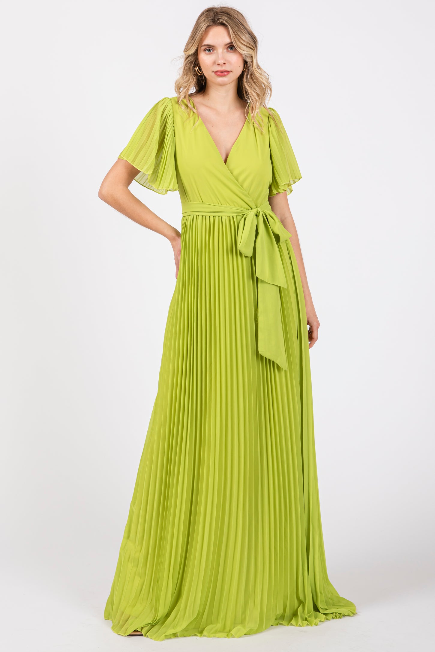 Lime Chiffon Wrap Front V-Neck Short Sleeve Pleated Maxi Dress – PinkBlush