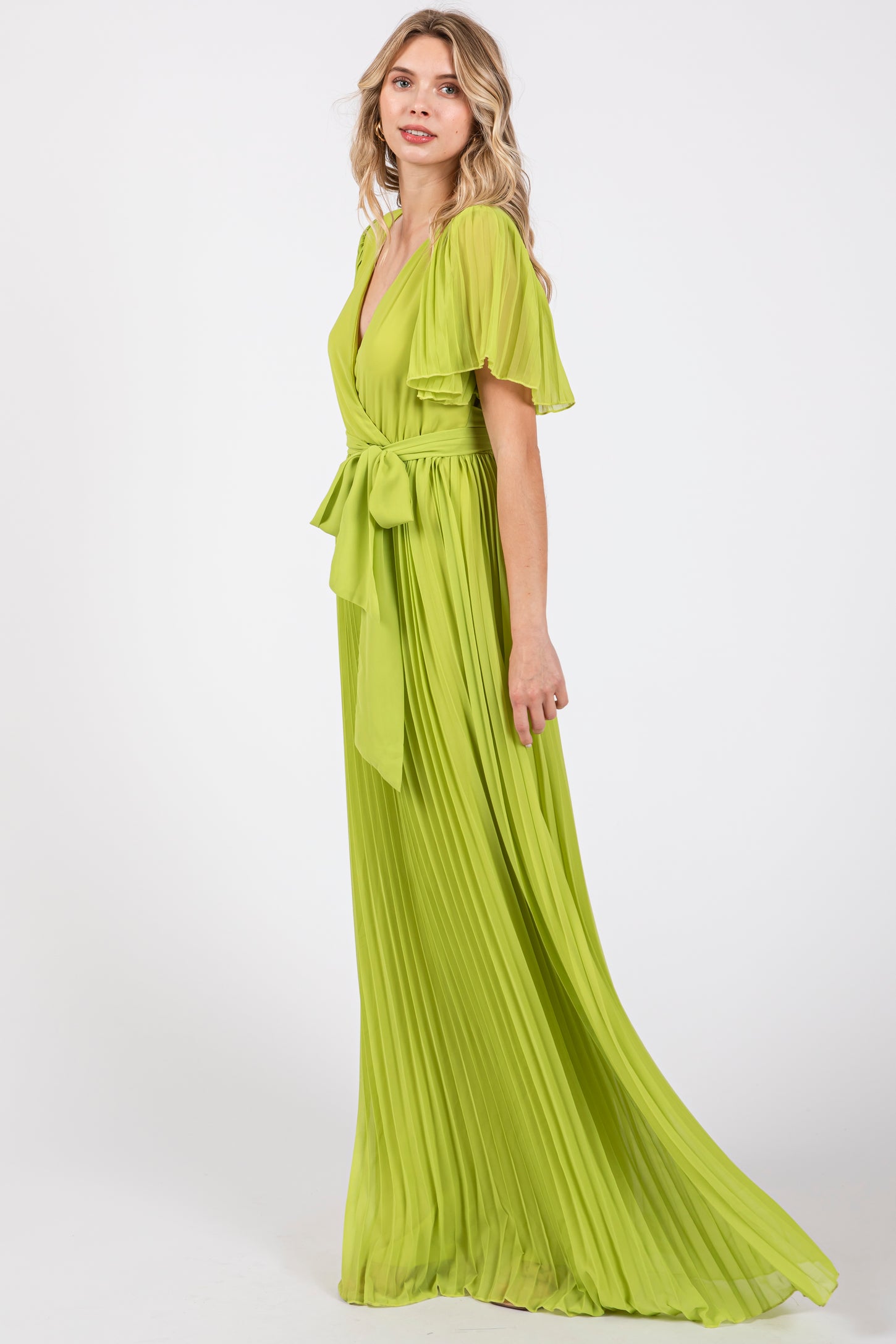 Lime Chiffon Wrap Front V-Neck Short Sleeve Pleated Maxi Dress PinkBlush Lime Chiffon Wrap Front V-Neck Short Sleeve Pleated Maxi Dress PinkBlush