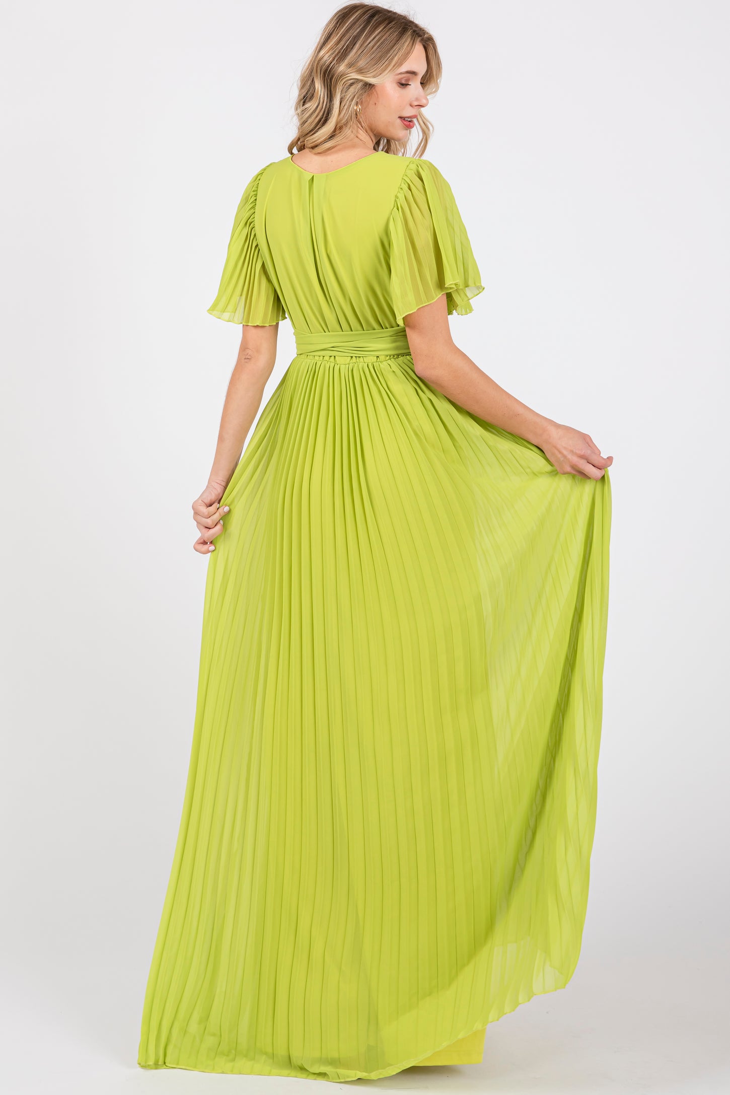Lime Chiffon Wrap Front V-Neck Short Sleeve Pleated Maxi Dress PinkBlush Lime Chiffon Wrap Front V-Neck Short Sleeve Pleated Maxi Dress PinkBlush