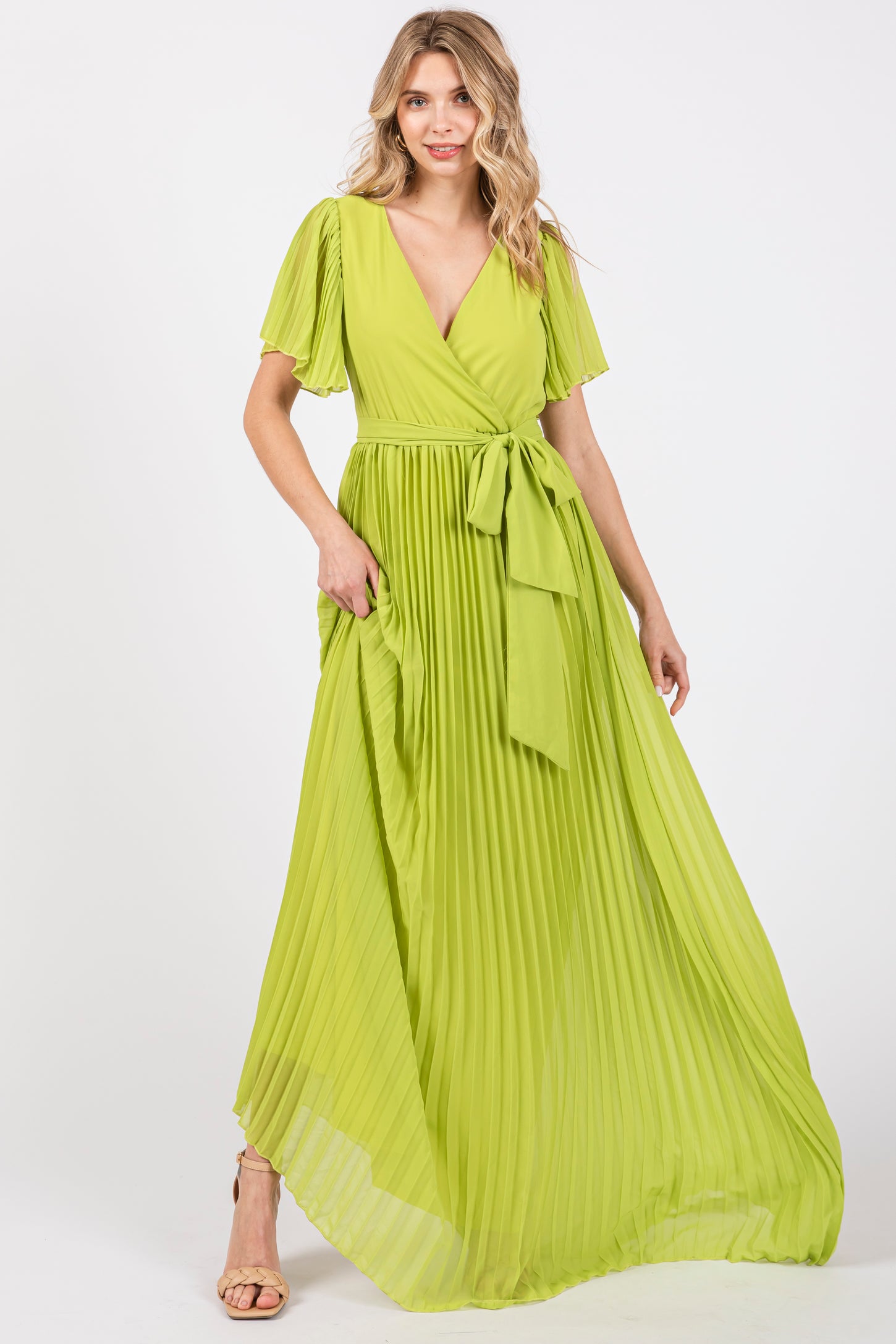 Lime Chiffon Wrap Front V-Neck Short Sleeve Pleated Maxi Dress Lime Chiffon Wrap Front V-Neck Short Sleeve Pleated Maxi Dress