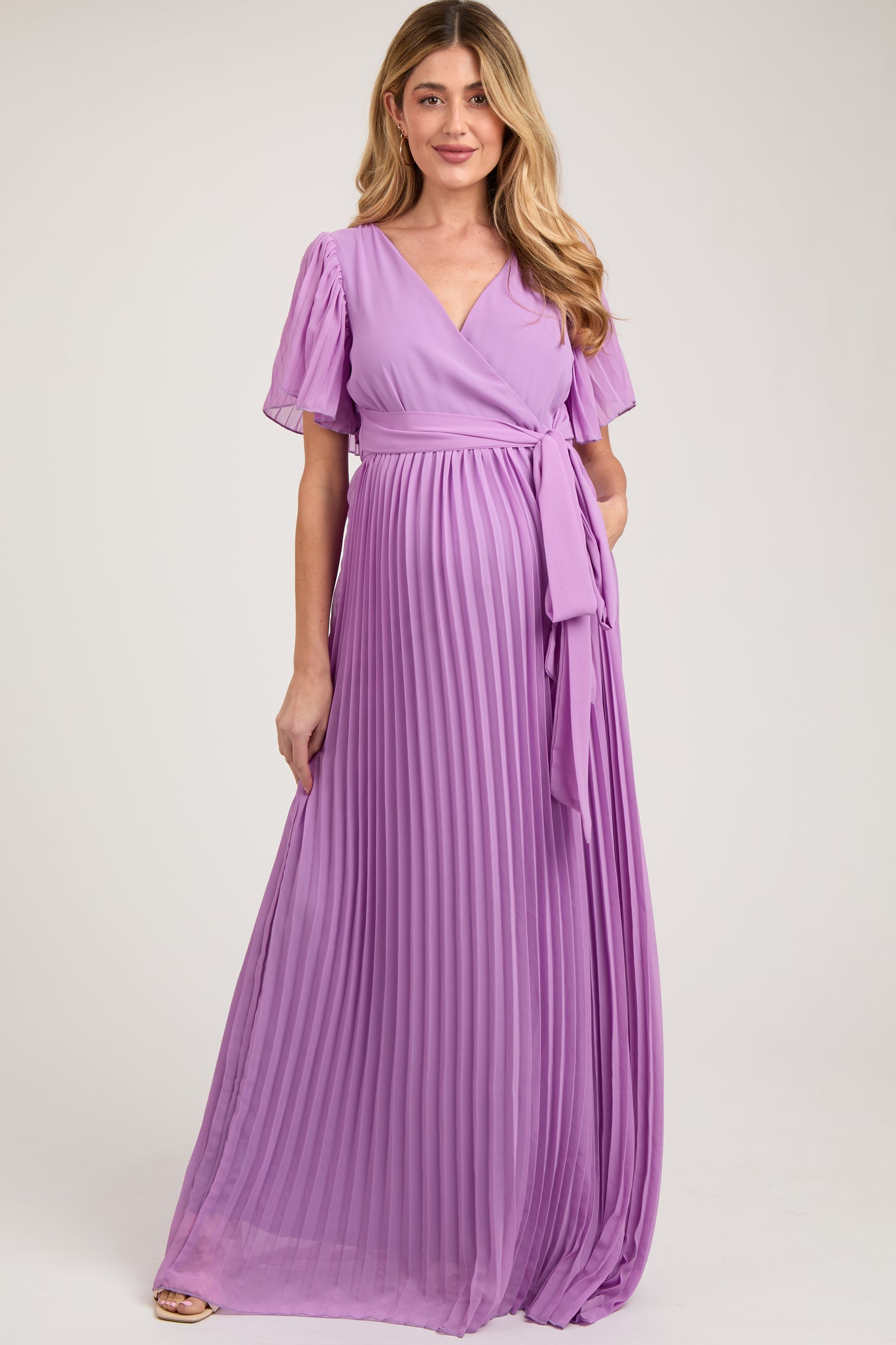 lavender chiffon dress Lavender Chiffon Wrap Front V-Neck Short Sleeve Pleated Maternity Maxi – PinkBlush