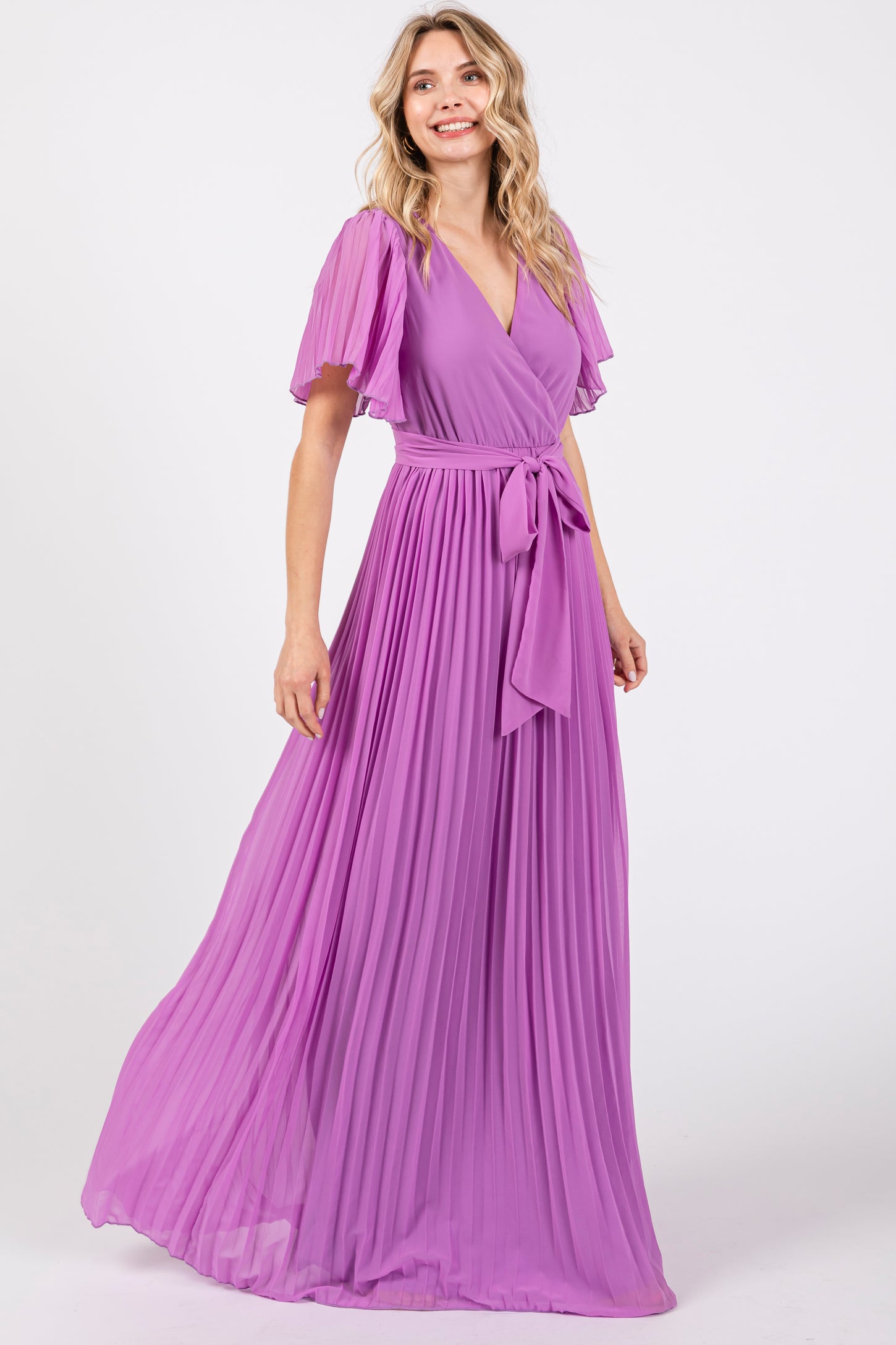 Lavender Chiffon Wrap Front V-Neck Short Sleeve Pleated Maternity Maxi PinkBlush Lavender Chiffon Wrap Front V-Neck Short Sleeve Pleated Maternity Maxi PinkBlush