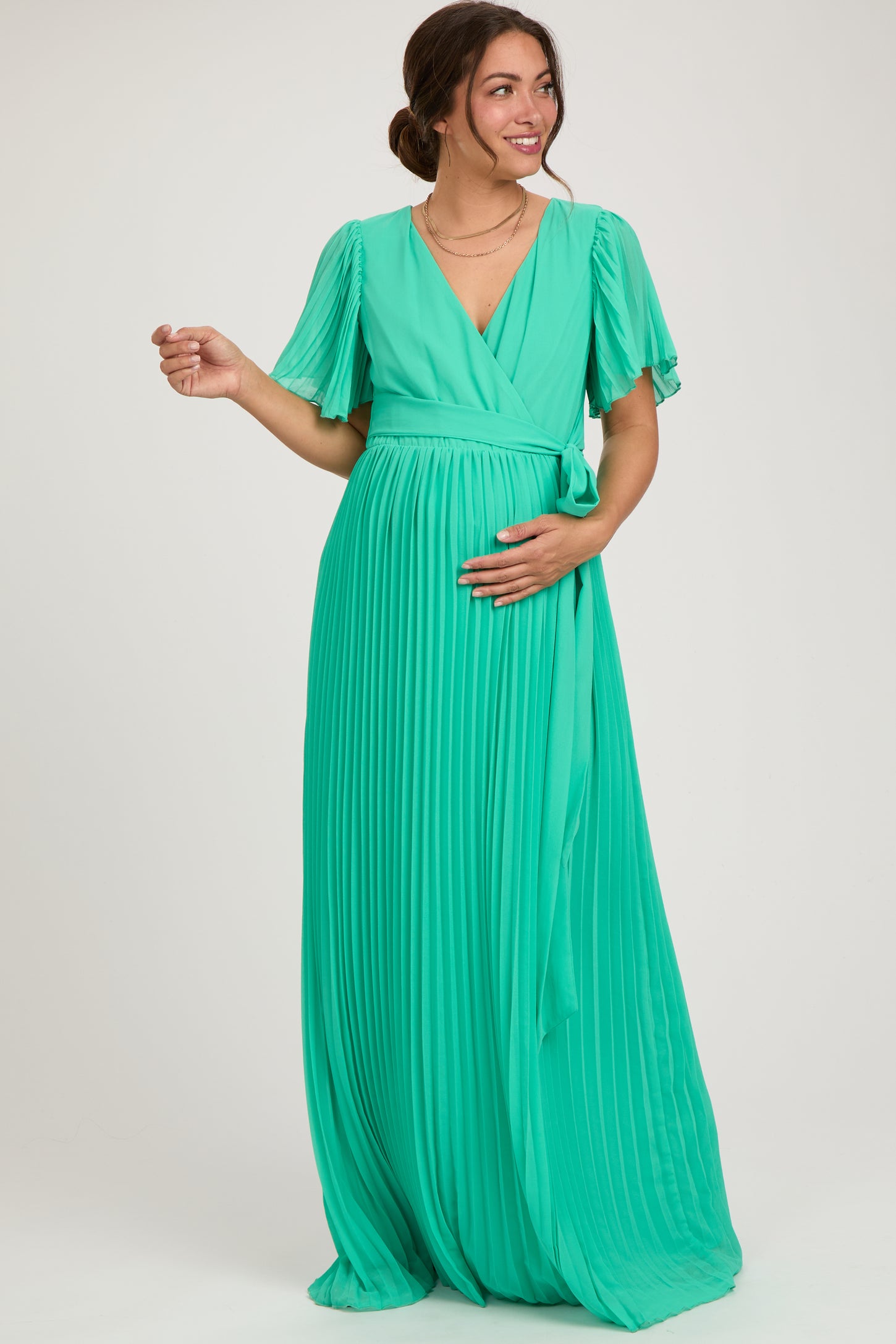 Aqua Chiffon Wrap Front V-Neck Short Sleeve Pleated Maternity Maxi Dress Small - Pinkblush - Casual Chic Boutique Aqua Chiffon Wrap Front V-Neck Short Sleeve Pleated Maternity Maxi Dress Small - Pinkblush - Casual Chic Boutique