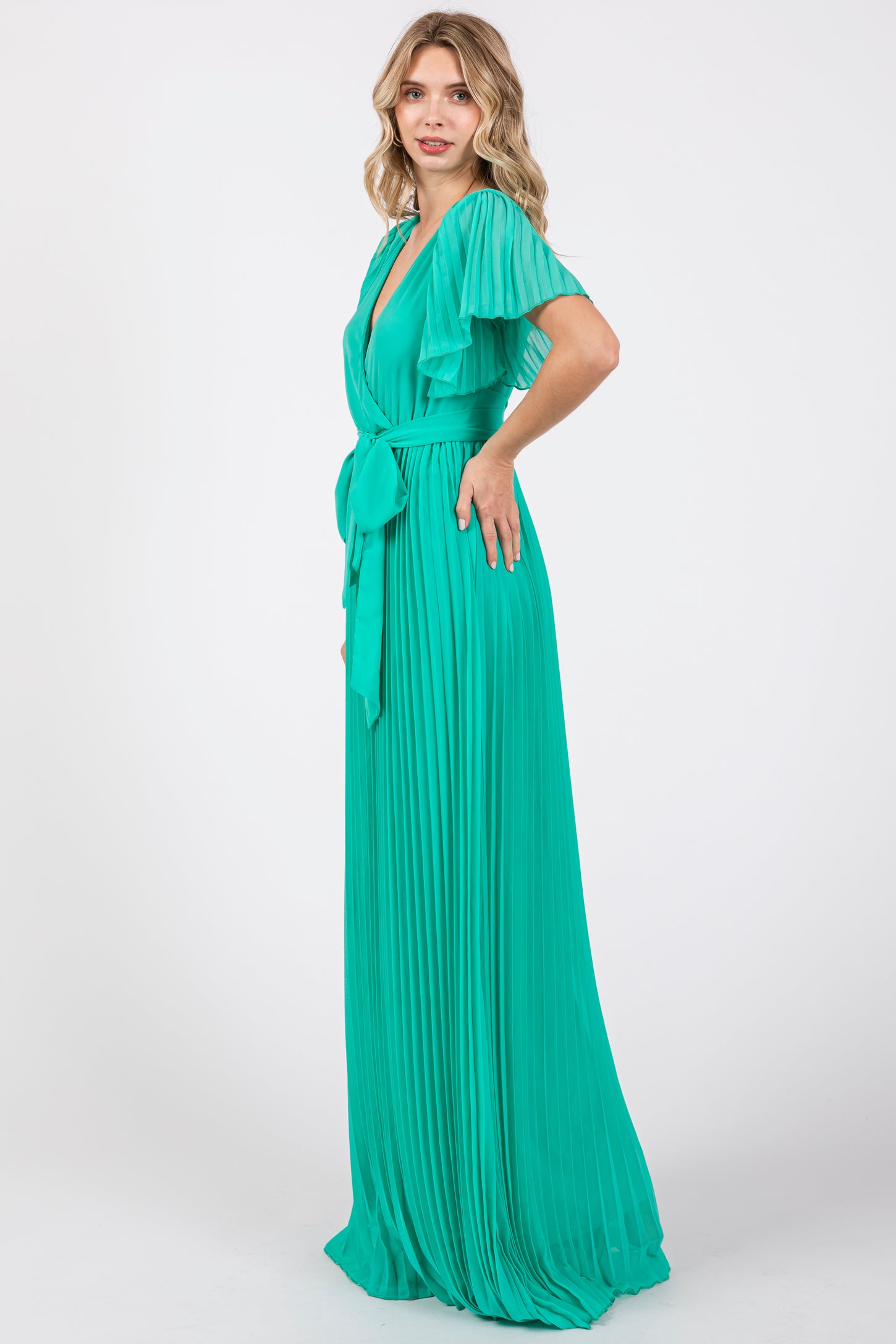 Aqua Chiffon Wrap Front V-Neck Short Sleeve Pleated Maxi Dress – PinkBlush