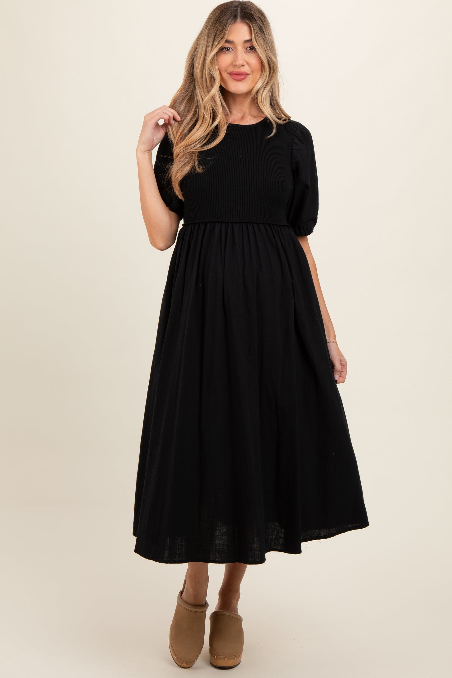 Black Ribbed Bodice Puff Sleeve Maternity Midi Dress Black Ribbed Bodice Puff Sleeve Maternity Midi Dress