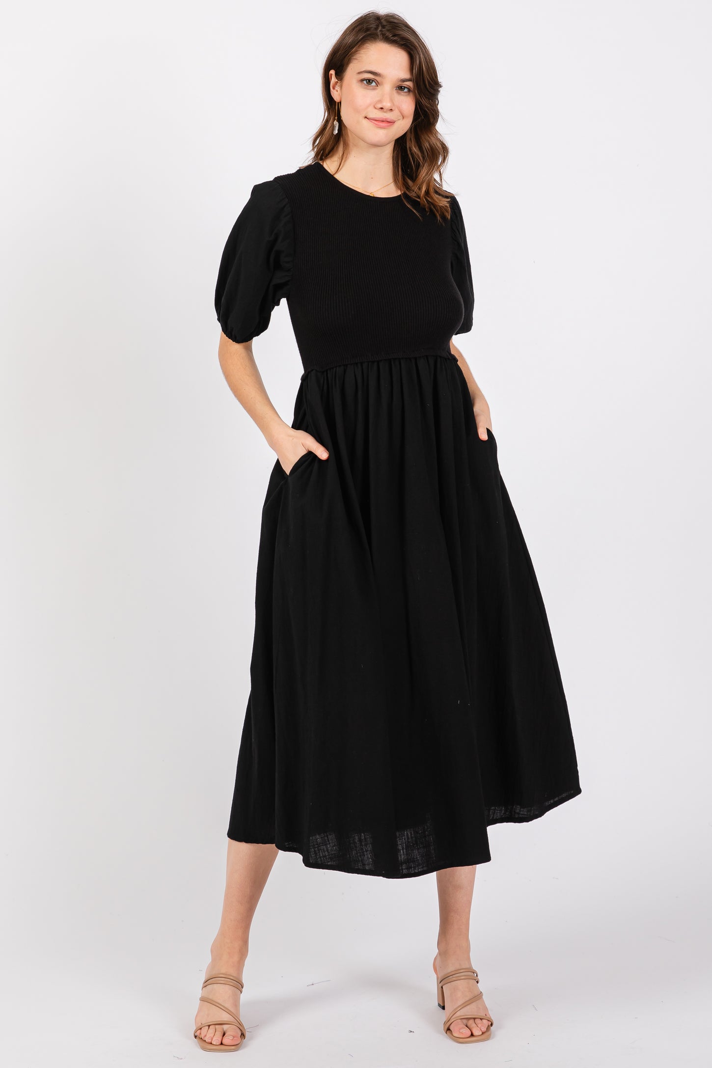Black Ribbed Bodice Puff Sleeve Midi Dress– PinkBlush