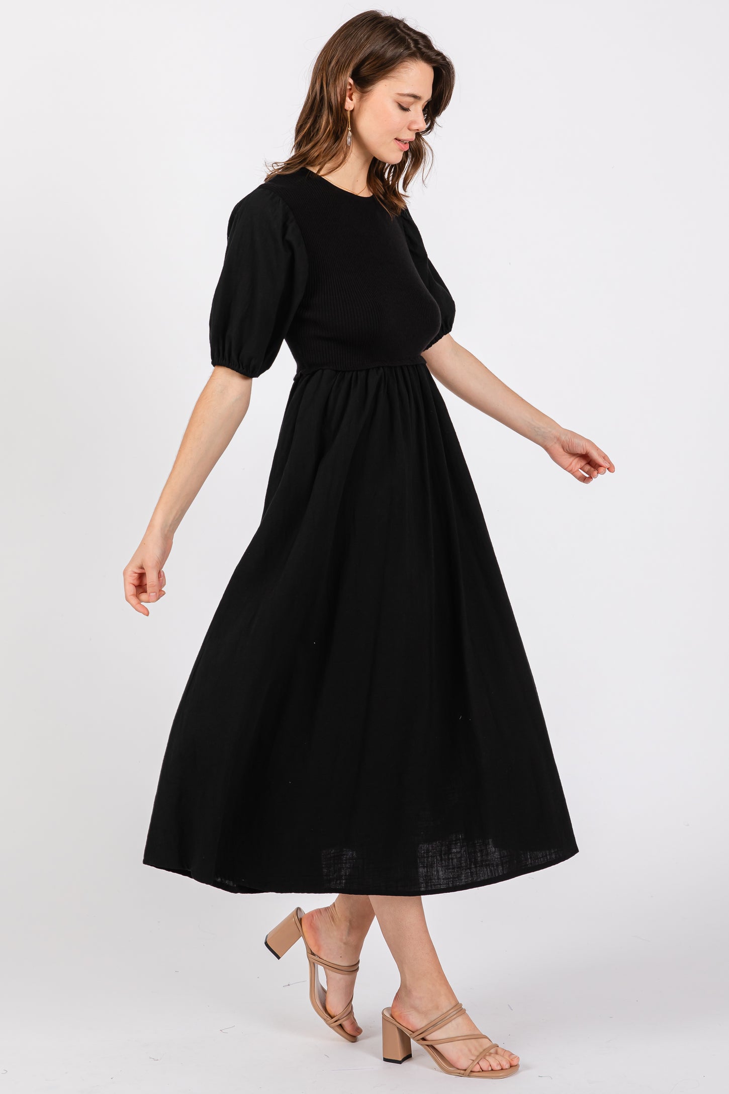 black puff sleeve midi dress Black Puff Short Sleeve Wrap Midi Dress *FINAL SALE*