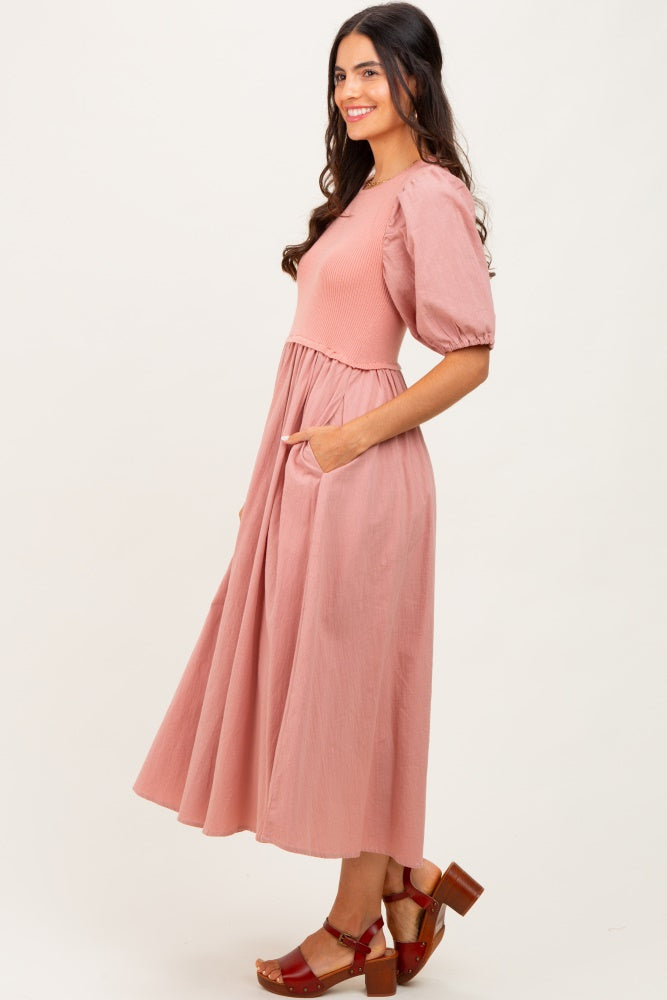 Peach Ribbed Bodice Puff Sleeve Midi Dress