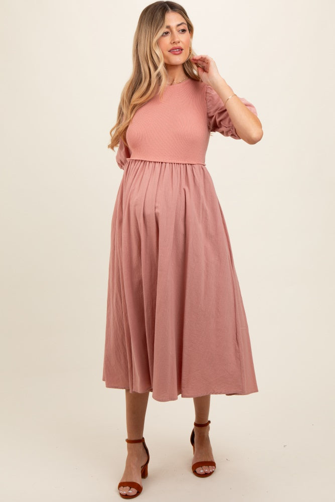 Peach Ribbed Bodice Puff Sleeve Maternity Midi Dress PinkBlush Peach Ribbed Bodice Puff Sleeve Maternity Midi Dress PinkBlush