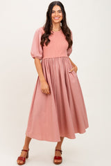 Peach Ribbed Bodice Puff Sleeve Midi Dress