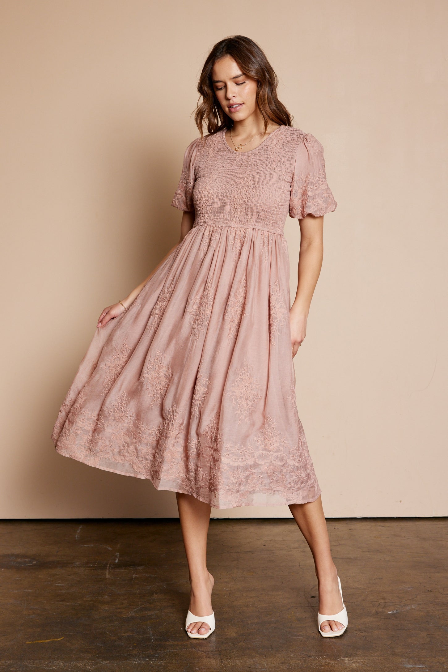 Mauve Floral Lace Smocked Maternity Midi Dress Mauve Floral Lace Smocked Maternity Midi Dress
