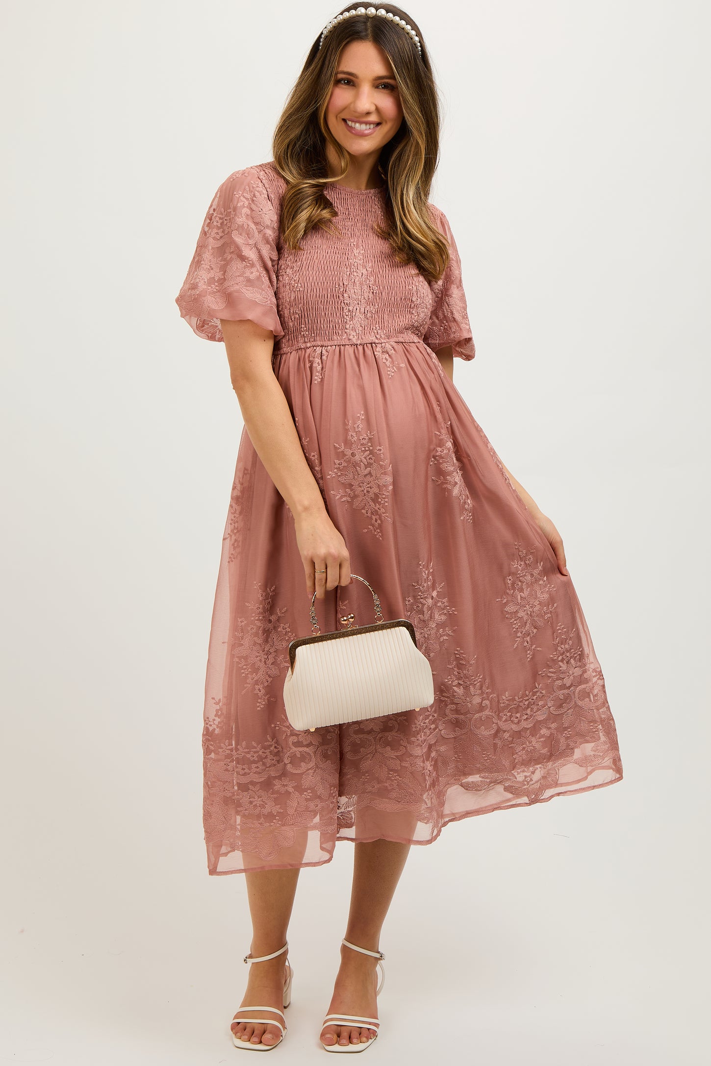 Mauve Floral Lace Smocked Maternity Midi Dress Mauve Floral Lace Smocked Maternity Midi Dress