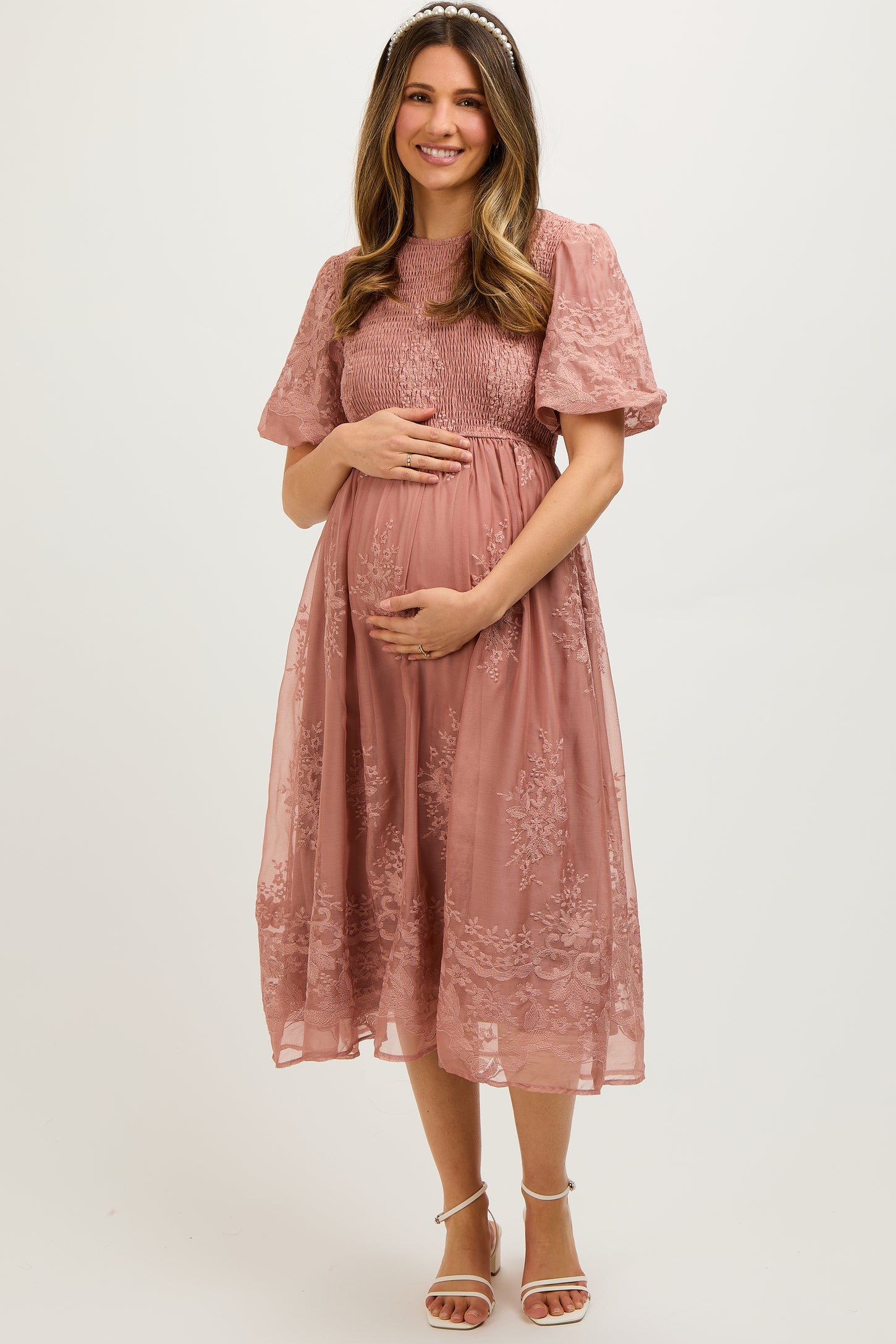 Mauve Floral Lace Smocked Maternity Midi Dress