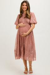 Mauve Floral Lace Smocked Maternity Midi Dress