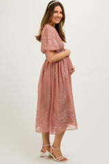 Mauve Floral Lace Smocked Maternity Midi Dress
