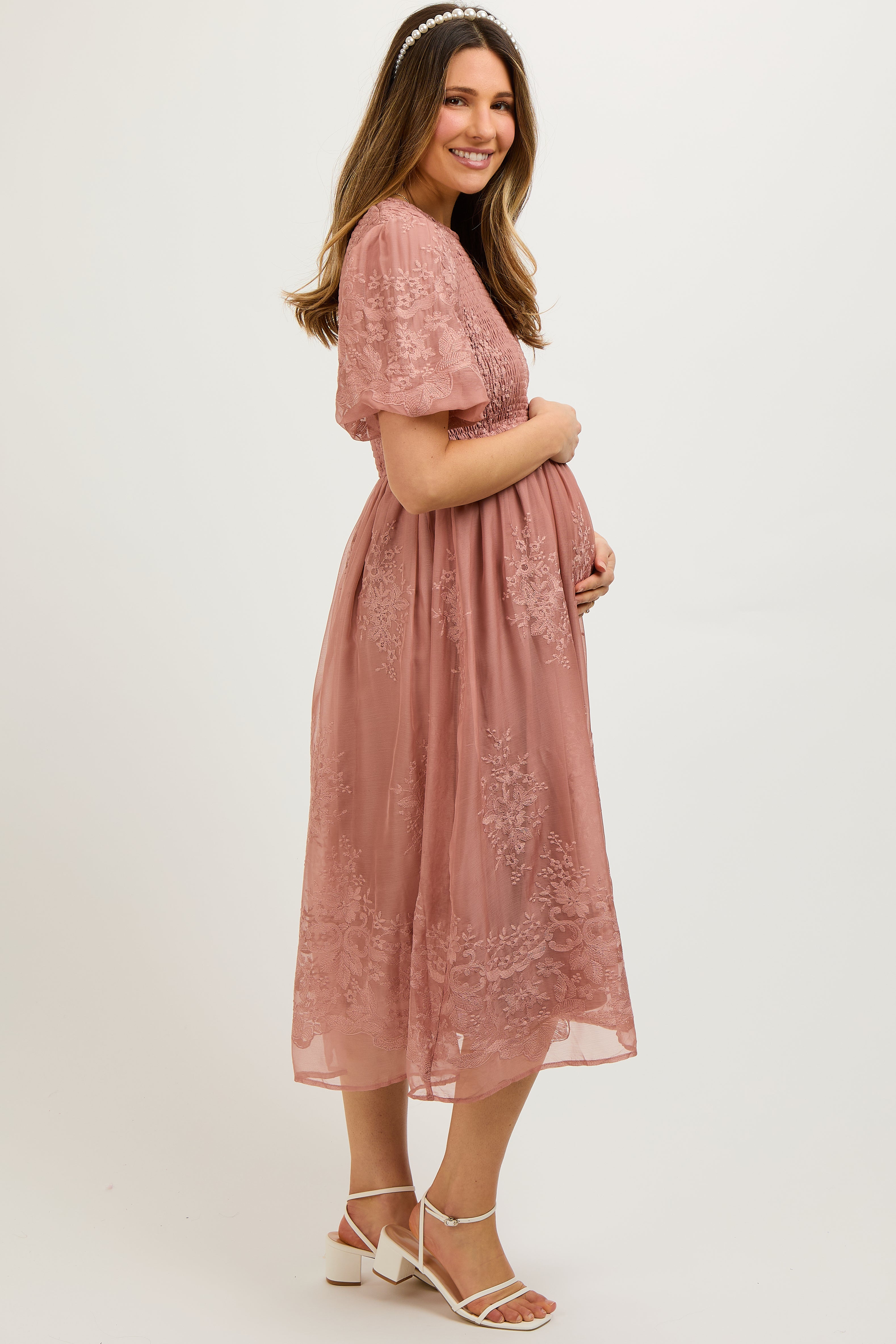 Mauve Floral Lace Smocked Maternity Midi Dress – PinkBlush