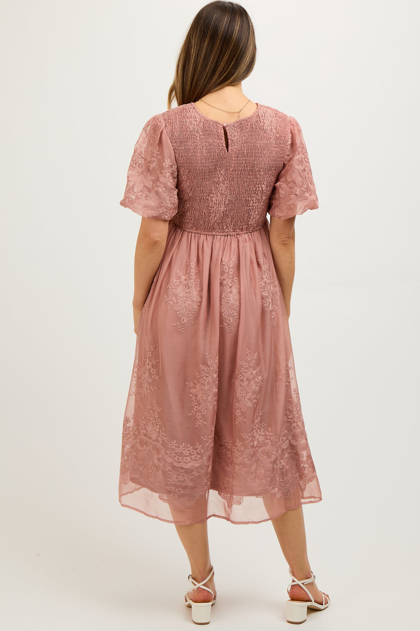 Mauve Floral Lace Smocked Maternity Midi Dress Mauve Floral Lace Smocked Maternity Midi Dress