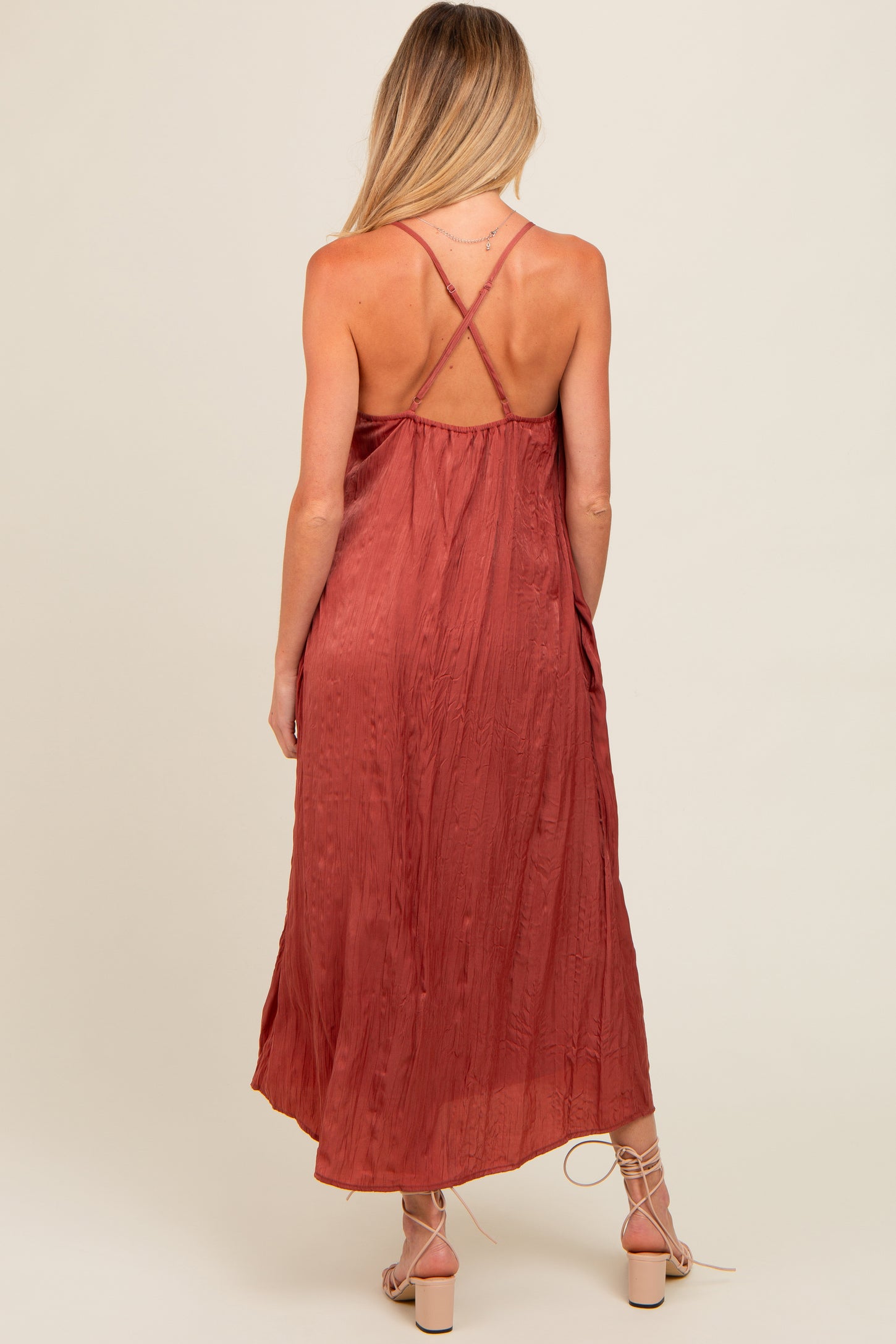 Rust Crinkle V-Neck Cross Back Maternity Midi Dress