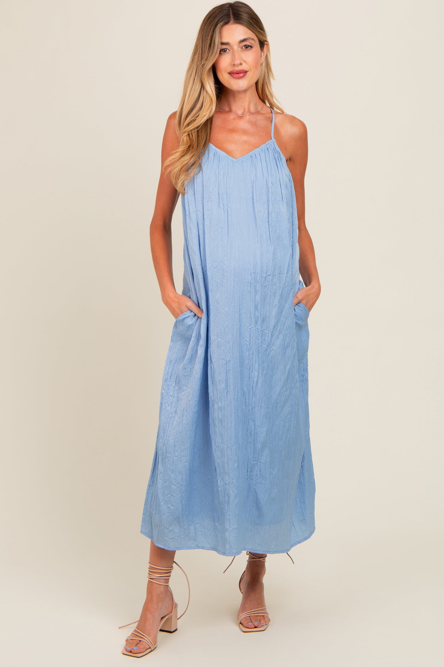 Light Blue Crinkle V-Neck Cross Back Maternity Midi Dress – PinkBlush Light Blue Crinkle V-Neck Cross Back Maternity Midi Dress – PinkBlush