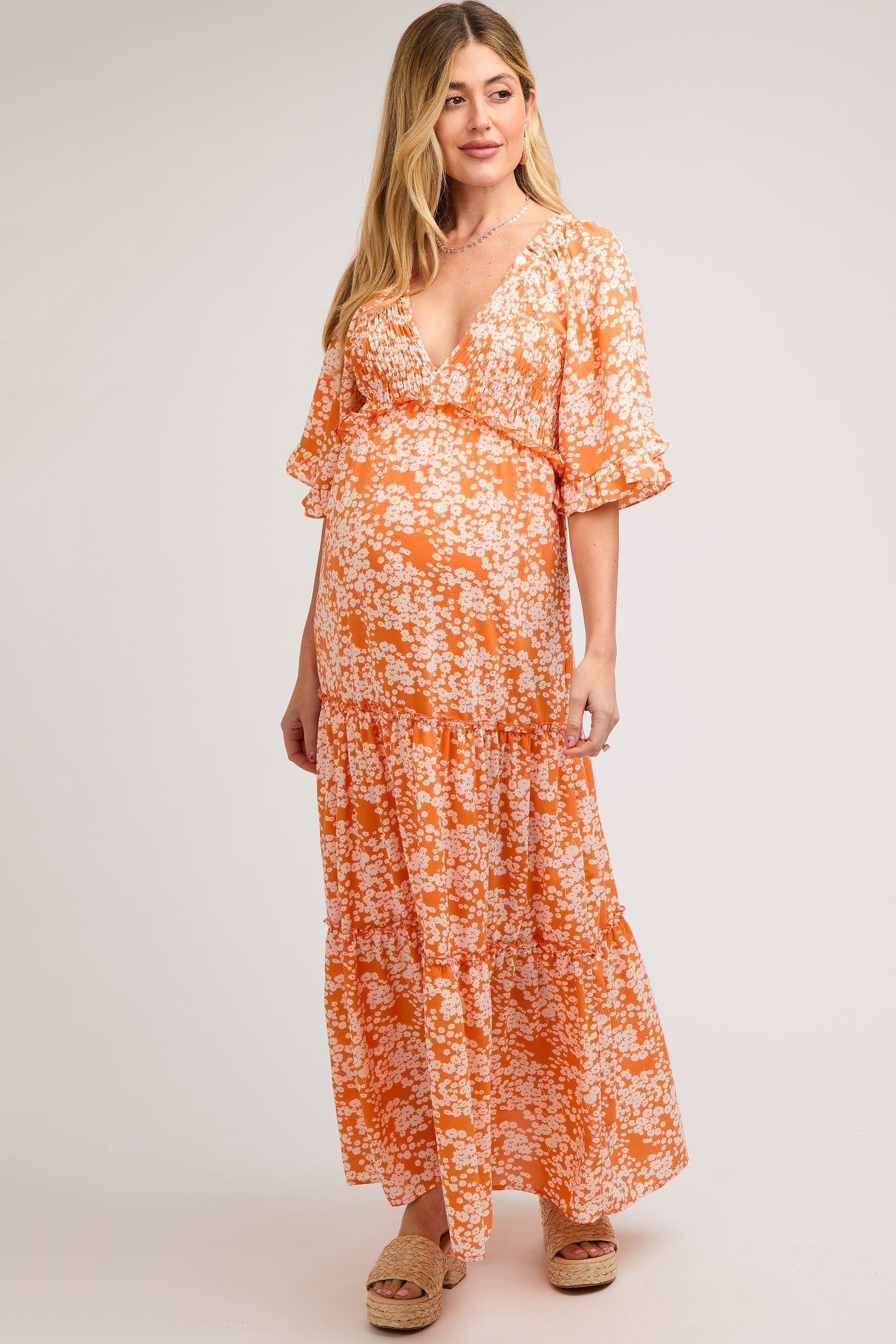 Orange Floral Smocked V-Neck Ruffle Tiered Maternity Maxi Dress