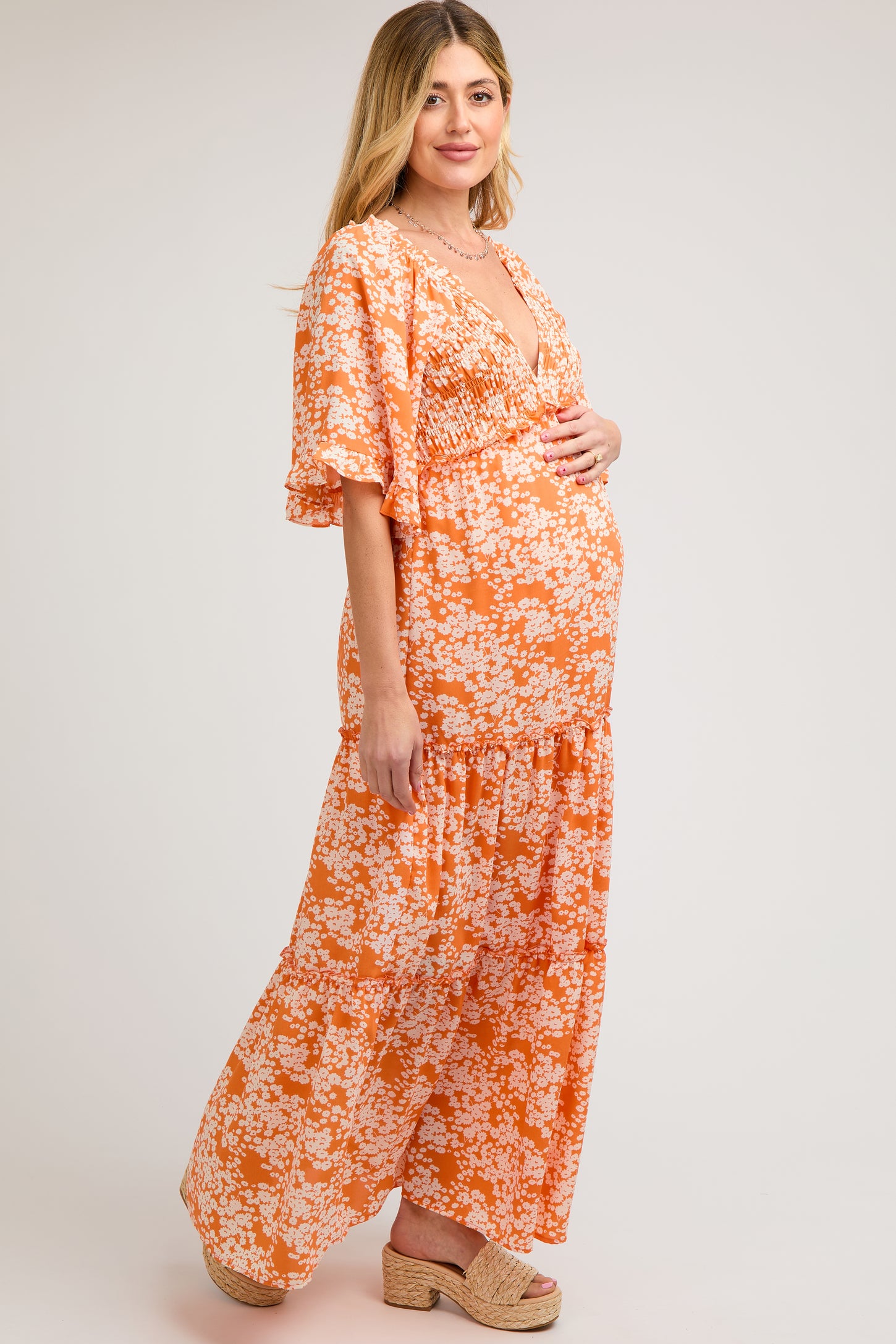 orange maternity floral dress Orange Maternity Dresses