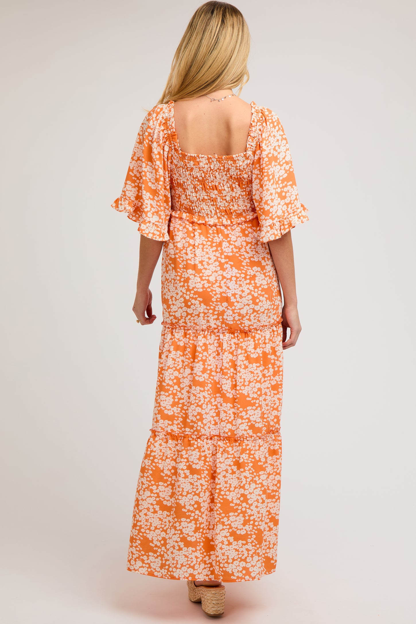 orange floral maternity dress SHEIN Floral Print Ruched Maternity Dress