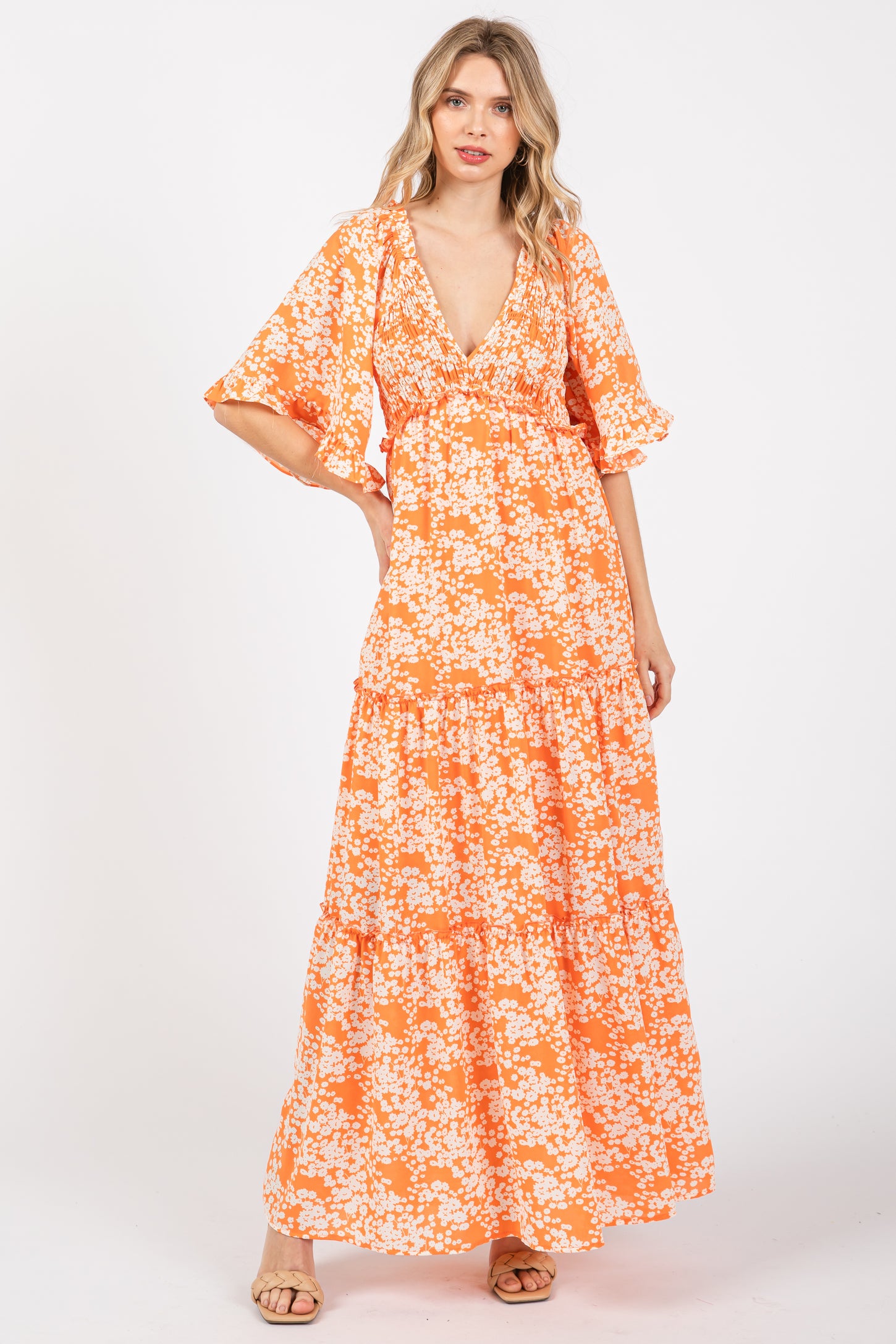 orange floral maternity dress Orange Floral Ruffle Tiered Button Front Maternity Dress PinkBlush