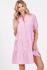 Pink Striped Button Down Tiered Dress