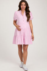Pink Striped Button Down Tiered Maternity Dress
