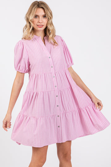 Pink Striped Button Down Tiered Dress
