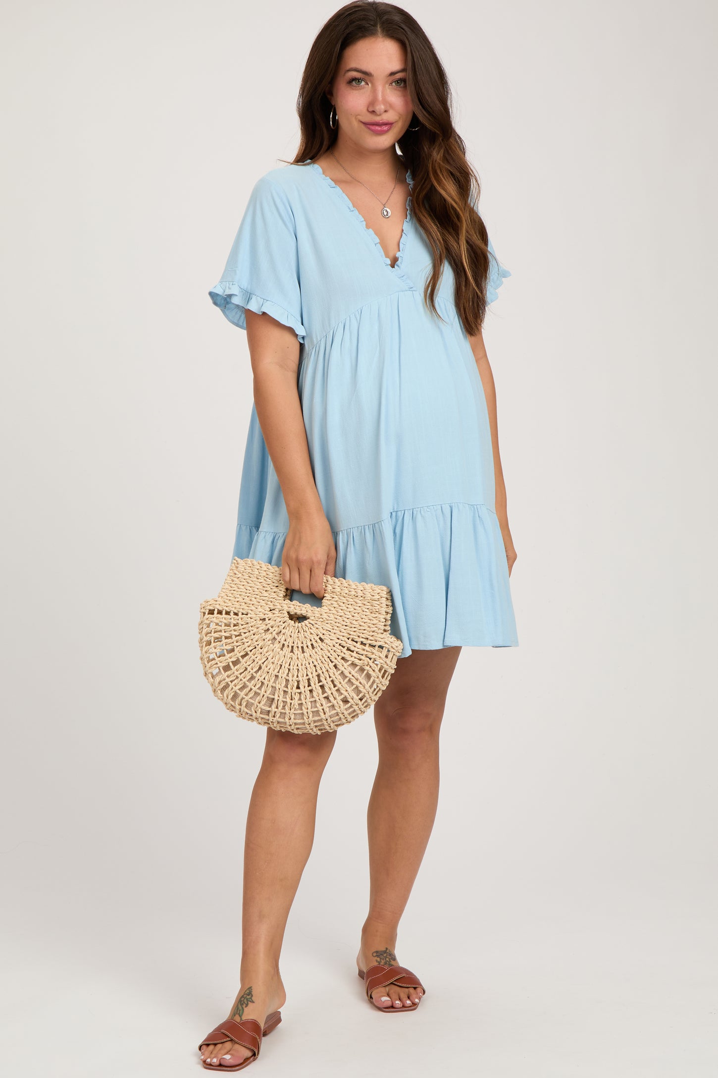 Light Blue Ruffle Hem Maternity Dress PinkBlush Light Blue Ruffle Hem Maternity Dress PinkBlush