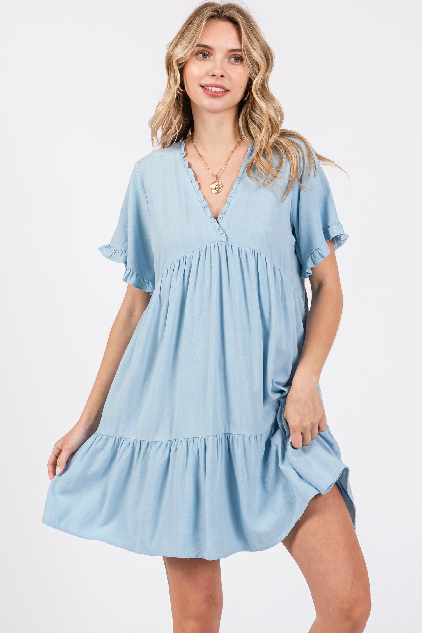 blue ruffle maternity dress Light Blue Smocked Ruffle Maternity Dress Medium